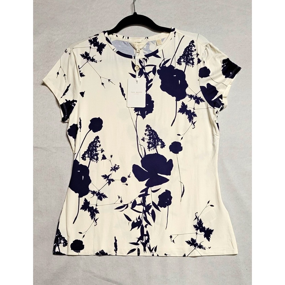 Ted Baker White/Blue Floral Fitted SS Crew Neck Stretch Knit Tee Size 4